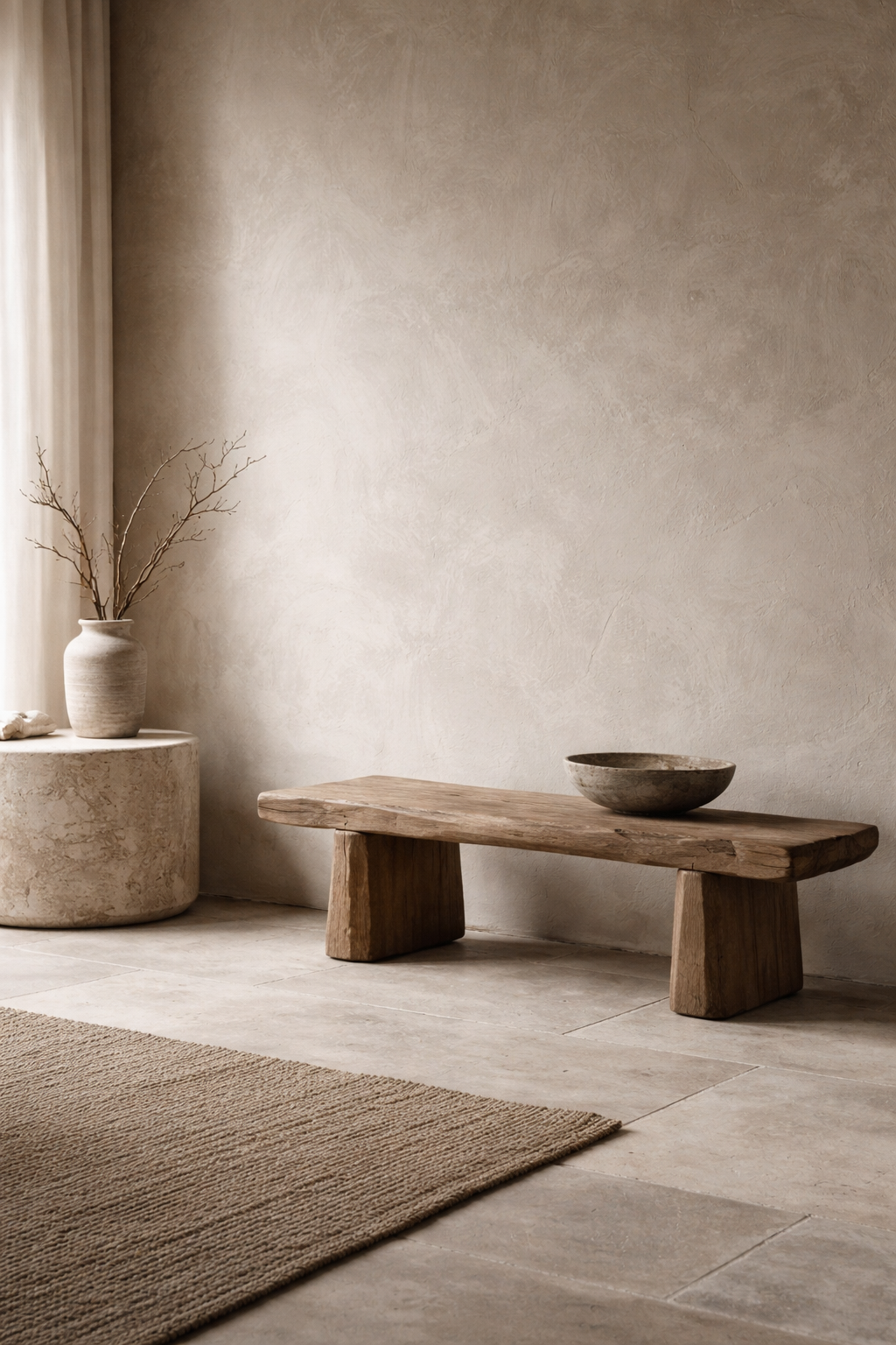 Curated minimal interior with fewer quality pieces including textural rug, linen textiles, and sculptural ceramic vessel in neutral tones