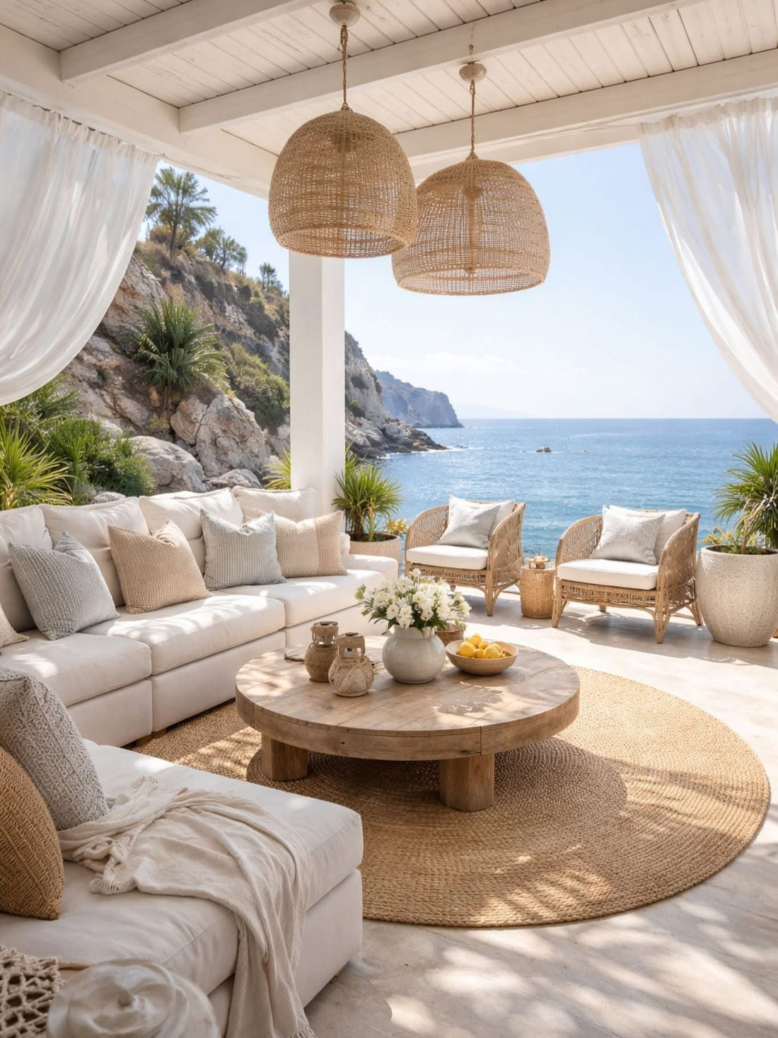Natural textural materials including linen textiles, ceramic vessels, and organic forms in calm neutral tones