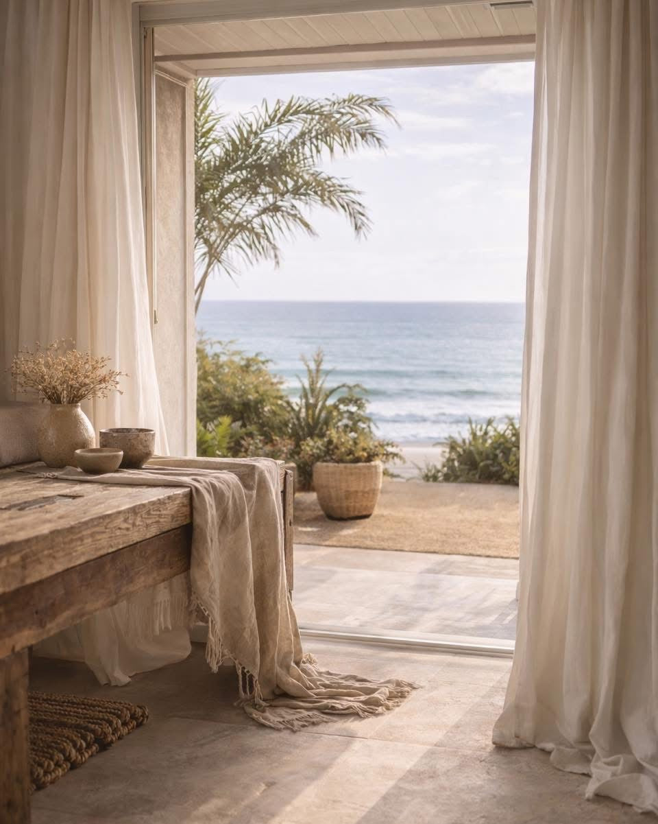 Calm coastal living room with natural textures including linen textiles, woven rug, and ceramic vessels in soft neutral tones